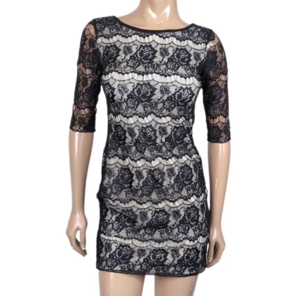 Costa Blanca Lace Illusion Dress Crop Sleeve Mini Bodycon Ballet Black Small